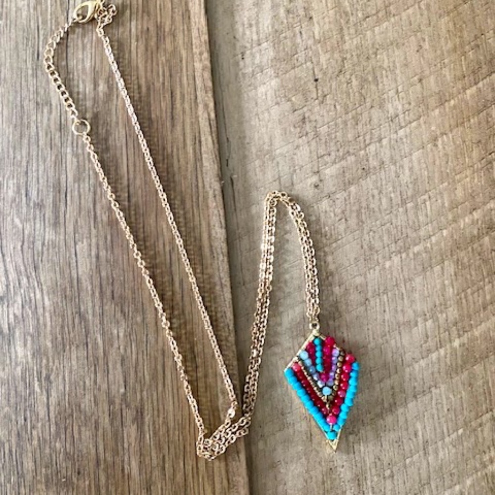 Beaded Blue and Pink Necklace - Gold